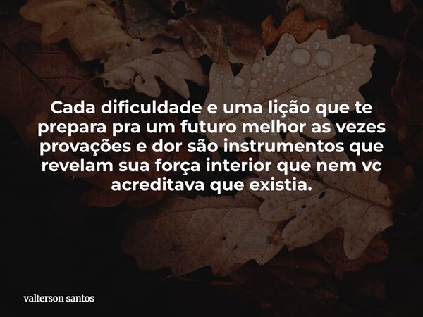 Cada dificuldade e uma lição que te prepara pra um futuro melhor as vezes provações e dor são instrumentos que revelam sua força interior que nem vc acreditava ... Frase de valterson santos.