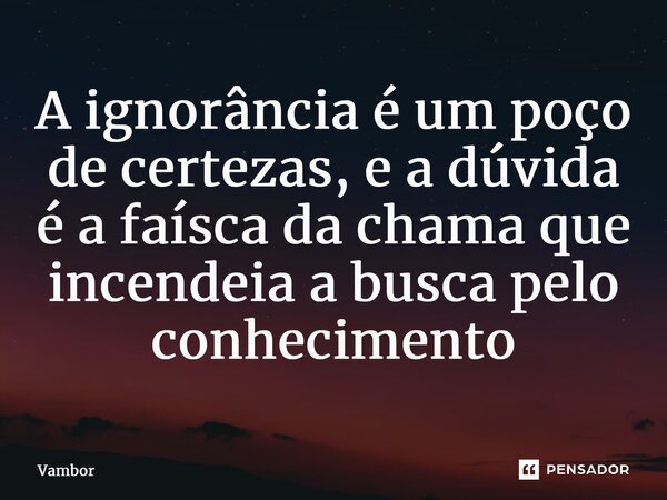 ⁠A ignorância é um poço de certezas, e a dúvida é a faísca da chama que incendeia a busca pelo conhecimento... Frase de Vambor.