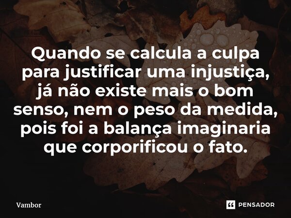 ⁠Quando se calcula a culpa para justificar uma injustiça, já não existe mais o bom senso, nem o peso da medida, pois foi a balança imaginaria que corporificou o... Frase de Vambor.