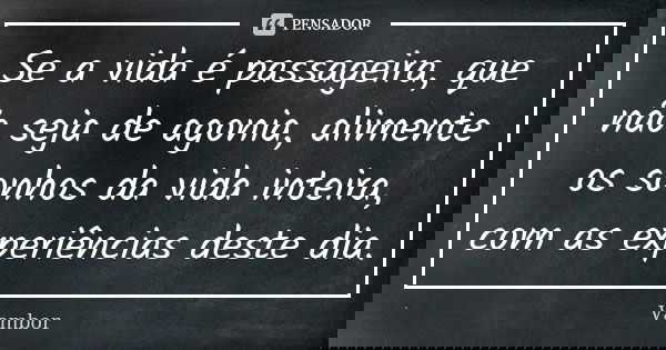 Se a vida é passageira, que não seja de agonia, alimente os sonhos da vida inteira, com as experiências deste dia.... Frase de Vambor.