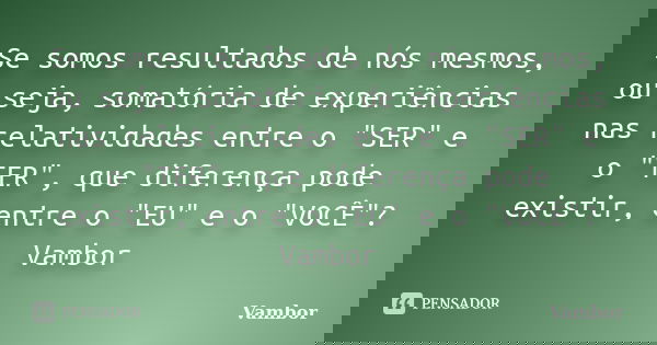Se somos resultados de nós mesmos, ou seja, somatória de experiências nas relatividades entre o "SER" e o "TER", que diferença pode existir,... Frase de Vambor.