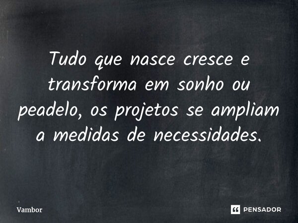 ⁠Tudo que nasce cresce e transforma em sonho ou peadelo, os projetos se ampliam a medidas de necessidades.... Frase de Vambor.