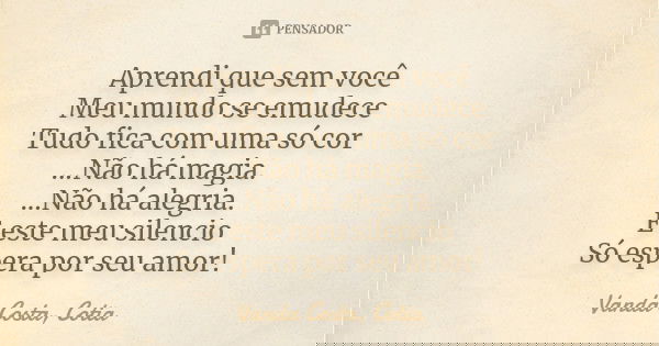 Aprendi que sem você Meu mundo se emudece Tudo fica com uma só cor ...Não há magia. ...Não há alegria. E este meu silencio Só espera por seu amor!... Frase de Vanda Costa, Cotia.