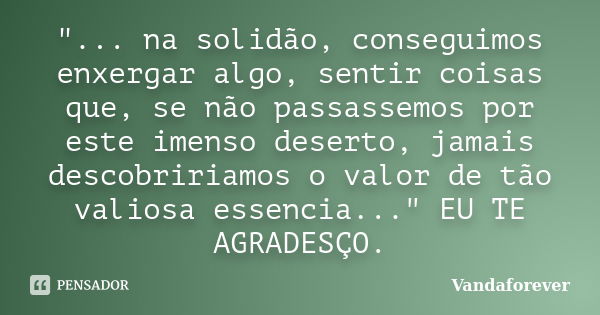 "... na solidão, conseguimos enxergar algo, sentir coisas que, se não passassemos por este imenso deserto, jamais descobririamos o valor de tão valiosa ess... Frase de Vandaforever.