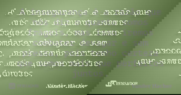 A insegurança é a razão que nós diz o quanto somos frágeis, mas isso iremos combater devagar e sem pressa, pois tenho certeza que somos mais que perfeitos junto... Frase de Vander Hacher.