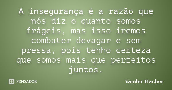 A insegurança é a razão que nós diz o quanto somos frágeis, mas isso iremos combater devagar e sem pressa, pois tenho certeza que somos mais que perfeitos junto... Frase de Vander Hacher.