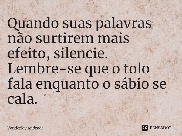 ⁠Quando suas palavras não surtirem mais efeito, silencie. Lembre-se que o tolo fala enquanto o sábio se cala.... Frase de Vanderley Andrade.