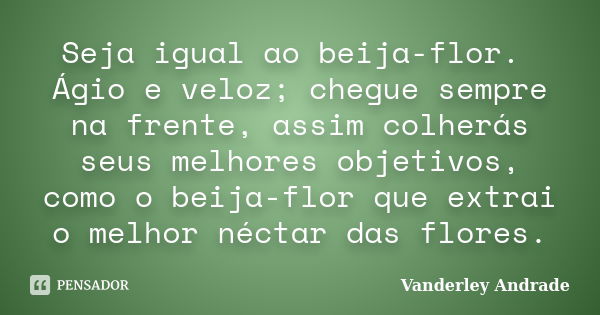 Seja igual ao beija-flor. Ágio e veloz; chegue sempre na frente, assim colherás seus melhores objetivos, como o beija-flor que extrai o melhor néctar das flores... Frase de Vanderley Andrade.