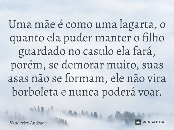 Uma mãe é como uma lagarta, o quanto ela puder manter o filho guardado no casulo ela fará, porém, se demorar muito, suas asas não se formam, ele não vira borbol... Frase de Vanderley Andrade.