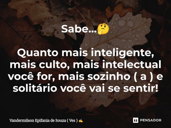 ⁠Sabe...🤔 Quanto mais inteligente, mais culto, mais intelectual você for, mais sozinho ( a ) e solitário você vai se sentir!... Frase de Vandermilson Epifania de Souza ( Ves ).