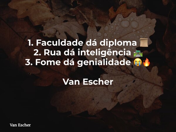 1. Faculdade dá diploma 📜 2. Rua dá inteligência 🛣️ 3. Fome dá genialidade 😭🔥 Van Escher... Frase de Van Escher.