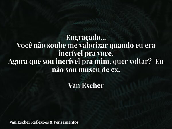 Engraçado... Você não soube me valorizar quando eu era incrível pra você. Agora que sou incrível pra mim, quer voltar? Eu não sou museu de ex. Van Escher... Frase de Van Escher Reflexões  Pensamentos.