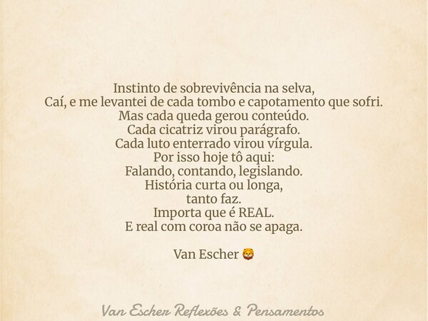 Instinto de sobrevivência na selva, Caí, e me levantei de cada tombo e capotamento que sofri. Mas cada queda gerou conteúdo. Cada cicatriz virou parágrafo. Cada... Frase de Van Escher Reflexões  Pensamentos.