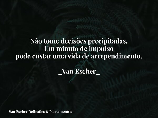 Não tome decisões precipitadas. Um minuto de impulso pode custar uma vida de arrependimento. _Van Escher_... Frase de Van Escher Reflexões  Pensamentos.