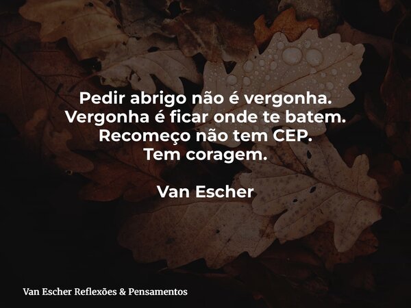 Pedir abrigo não é vergonha. Vergonha é ficar onde te batem. Recomeço não tem CEP. Tem coragem. Van Escher... Frase de Van Escher Reflexões  Pensamentos.