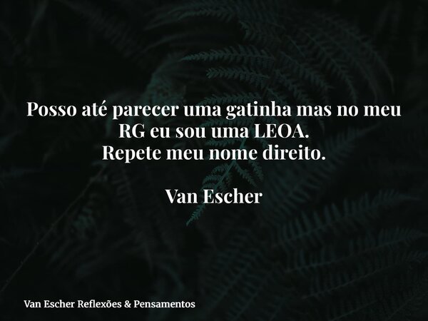 Posso até parecer uma gatinha mas no meu RG eu sou uma LEOA. Repete meu nome direito. Van Escher... Frase de Van Escher Reflexões  Pensamentos.