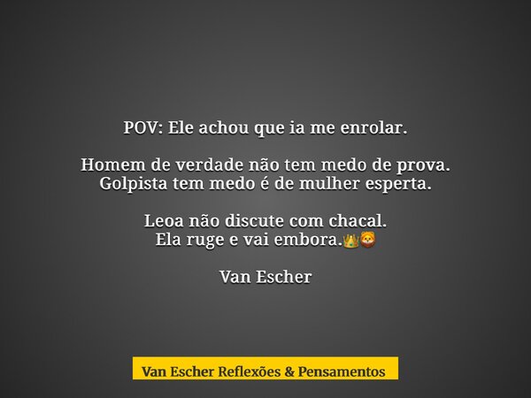 POV: Ele achou que ia me enrolar. Homem de verdade não tem medo de prova. Golpista tem medo é de mulher esperta. Leoa não discute com chacal. Ela ruge e vai emb... Frase de Van Escher Reflexões  Pensamentos.