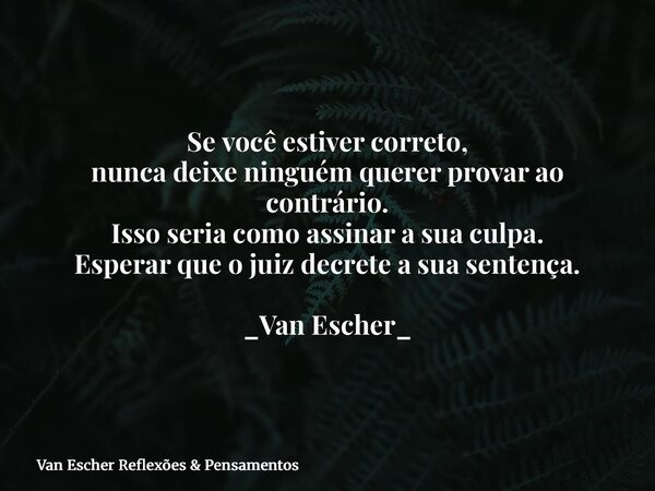 Se você estiver correto, nunca deixe ninguém querer provar ao contrário. Isso seria como assinar a sua culpa. Esperar que o juiz decrete a sua sentença. _Van Es... Frase de Van Escher Reflexões  Pensamentos.