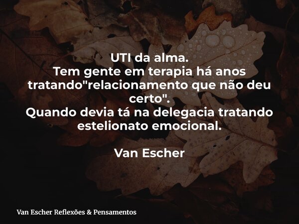 UTI da alma. Tem gente em terapia há anos tratando "relacionamento que não deu certo". Quando devia tá na delegacia tratando estelionato emocional. Va... Frase de Van Escher Reflexões  Pensamentos.