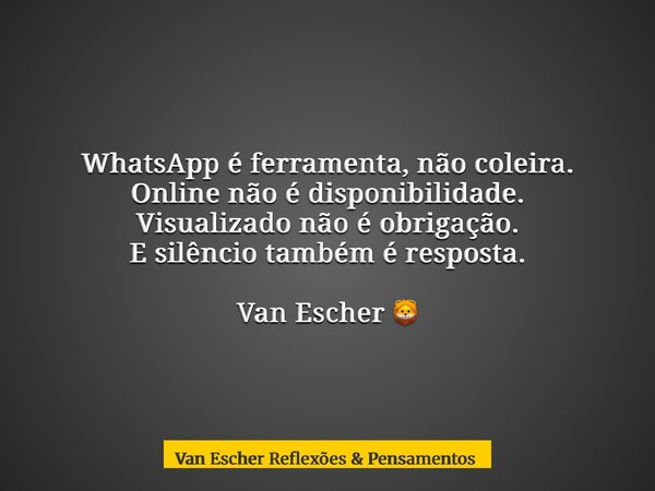 WhatsApp é ferramenta, não coleira. Online não é disponibilidade. Visualizado não é obrigação. E silêncio também é resposta. Van Escher 🦁... Frase de Van Escher Reflexões  Pensamentos.