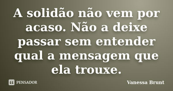 A solidão não vem por acaso. Não a deixe passar sem entender qual a mensagem que ela trouxe.... Frase de Vanessa Brunt.