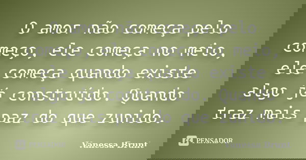 O amor não começa pelo começo, ele começa no meio, ele começa quando existe algo já construído. Quando traz mais paz do que zunido.... Frase de Vanessa Brunt.