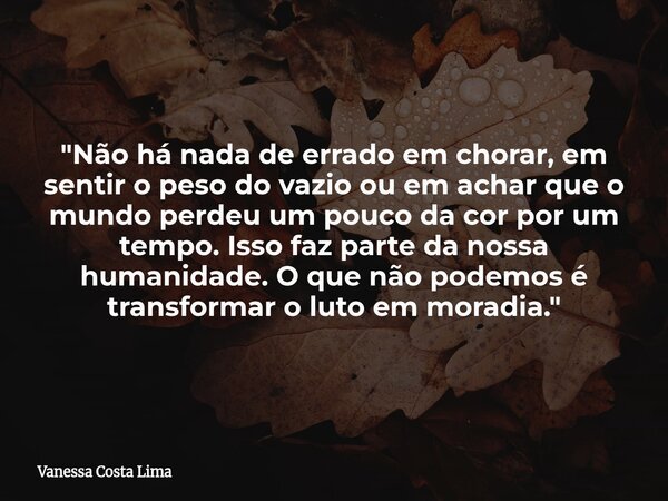 "Não há nada de errado em chorar, em sentir o peso do vazio ou em achar que o mundo perdeu um pouco da cor por um tempo. Isso faz parte da nossa humanidade... Frase de Vanessa Costa Lima.