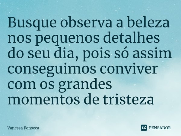 Busque observa a beleza ⁠nos pequenos detalhes do seu dia, pois só assim conseguimos conviver com os grandes momentos de tristeza... Frase de Vanessa Fonseca.
