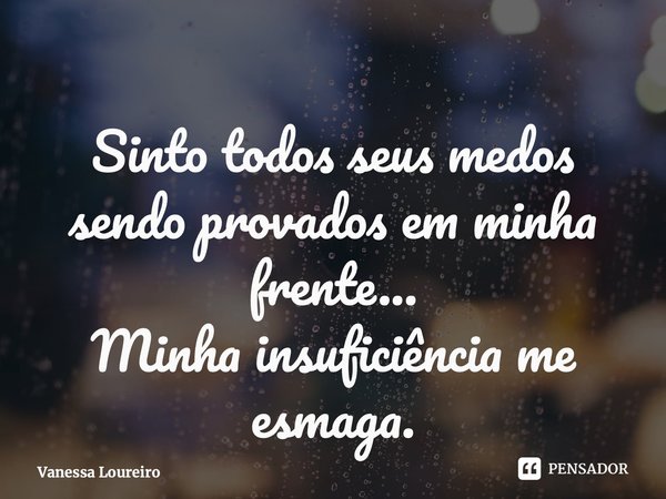 ⁠Sinto todos seus medos sendo provados em minha frente... Minha insuficiência me esmaga.... Frase de Vanessa Loureiro.