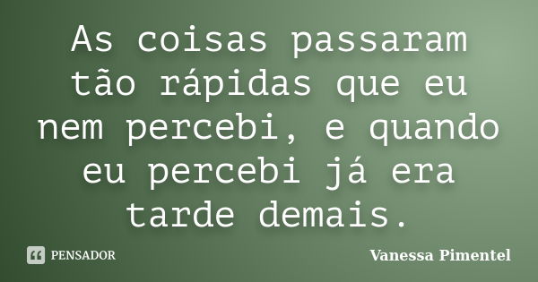 As coisas passaram tão rápidas que eu nem percebi, e quando eu percebi já era tarde demais.... Frase de Vanessa Pimentel.