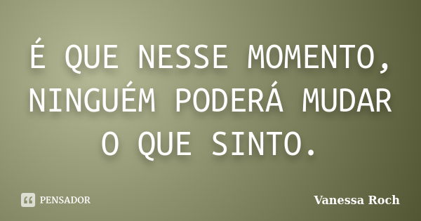 É QUE NESSE MOMENTO, NINGUÉM PODERÁ MUDAR O QUE SINTO.... Frase de Vanessa Roch.