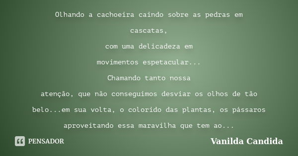 Olhando a cachoeira caindo sobre as pedras em cascatas, com uma delicadeza em movimentos espetacular... Chamando tanto nossa atenção, que não conseguimos desvia... Frase de Vanilda Candida.