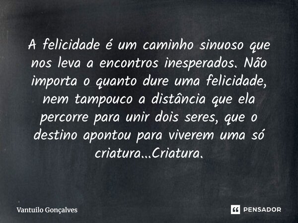 A felicidade é um caminho sinuoso que nos leva a encontros inesperados. Não importa o quanto dure uma felicidade, nem tampouco a distância que ela percorre par... Frase de Vantuilo Gonçalves.