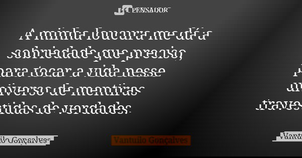 A minha loucura me dá a sobriedade que preciso, para tocar a vida nesse universo de mentiras travestidas de verdades.... Frase de Vantuilo Gonçalves.