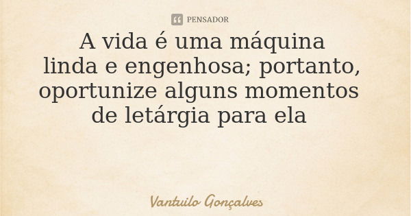 A vida é uma máquina linda e engenhosa; portanto, oportunize alguns momentos de letárgia para ela... Frase de Vantuilo Gonçalves.