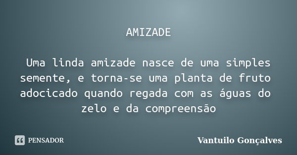 AMIZADE Uma linda amizade nasce de uma simples semente, e torna-se uma planta de fruto adocicado quando regada com as águas do zelo e da compreensão... Frase de Vantuilo Gonçalves.