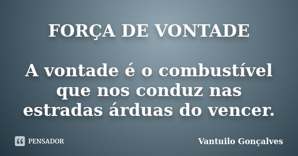 FORÇA DE VONTADE A vontade é o combustível que nos conduz nas estradas árduas do vencer.... Frase de Vantuilo Gonçalves.