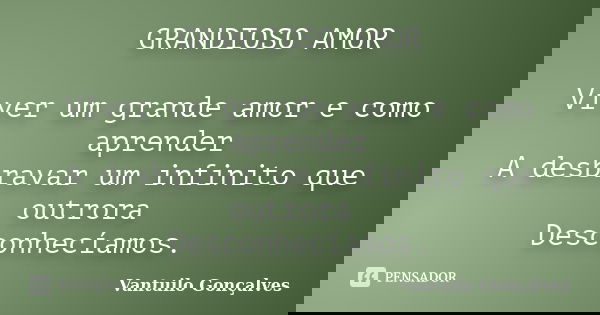 GRANDIOSO AMOR Viver um grande amor e como aprender A desbravar um infinito que outrora Desconhecíamos.... Frase de Vantuilo Gonçalves.