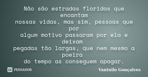 Não são estradas floridas que encantam nossas vidas, mas sim, pessoas que por algum motivo passaram por ela e deixam pegadas tão largas, que nem mesmo a poeira ... Frase de Vantuilo Gonçalves.