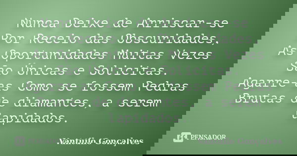 Nunca Deixe de Arriscar-se Por Receio das Obscuridades, As Oportunidades Muitas Vezes São Únicas e Solicitas. Agarre-as Como se fossem Pedras Brutas de diamante... Frase de Vantuilo Gonçalves.