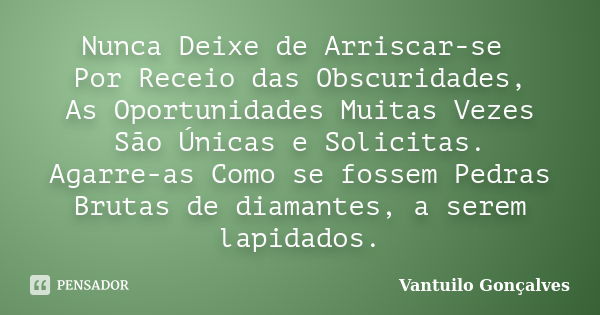 Nunca Deixe de Arriscar-se Por Receio das Obscuridades, As Oportunidades Muitas Vezes São Únicas e Solicitas. Agarre-as Como se fossem Pedras Brutas de diamante... Frase de Vantuilo Gonçalves.