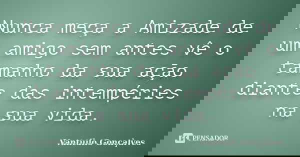 Nunca meça a Amizade de um amigo sem antes vê o tamanho da sua ação diante das intempéries na sua vida.... Frase de vantuilo Gonçalves.