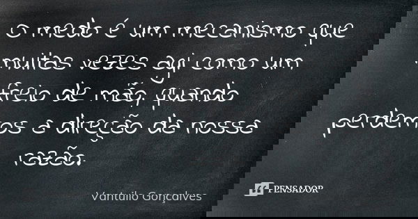O medo é um mecanismo que muitas vezes agi como um freio de mão, quando perdemos a direção da nossa razão.... Frase de Vantuilo Gonçalves.