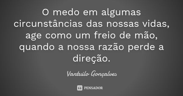 O medo em algumas circunstâncias das nossas vidas, age como um freio de mão, quando a nossa razão perde a direção.... Frase de Vantuilo Gonçalves.