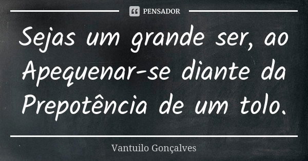 Sejas um grande ser, ao Apequenar-se diante da Prepotência de um tolo.... Frase de Vantuilo Gonçalves.