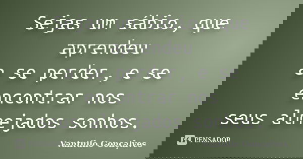 Sejas um sábio, que aprendeu a se perder, e se encontrar nos seus almejados sonhos.... Frase de Vantuilo Gonçalves.