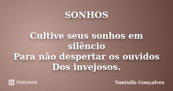 SONHOS Cultive seus sonhos em silêncio Para não despertar os ouvidos Dos invejosos.... Frase de Vantuilo Gonçalves.