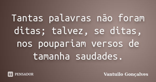 Tantas palavras não foram ditas; talvez, se ditas, nos poupariam versos de tamanha saudades.... Frase de Vantuilo Gonçalves.