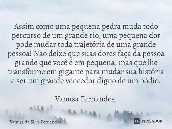 ⁠Assim como uma pequena pedra muda todo percurso de um grande rio, uma pequena dor pode mudar toda trajetória de uma grande pessoa! Não deixe que suas dores faç... Frase de Vanusa da Silva Fernandes.