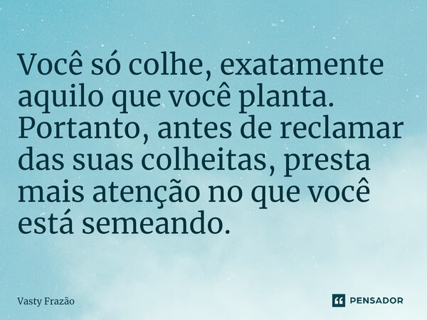 ⁠Você só colhe, exatamente aquilo que você planta. Portanto, antes de reclamar das suas colheitas, presta mais atenção no que você está semeando.... Frase de Vasty Frazão.